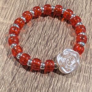 Elegant Red and Silver Beaded Bracelet with Rose Accent